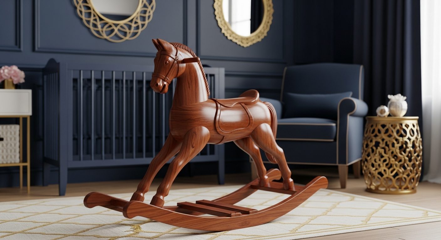 Caballito mecedor premium en cuarto infantil azul y dorado
