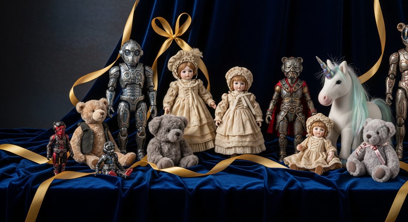 Coleccionables y peluches finos sobre terciopelo azul