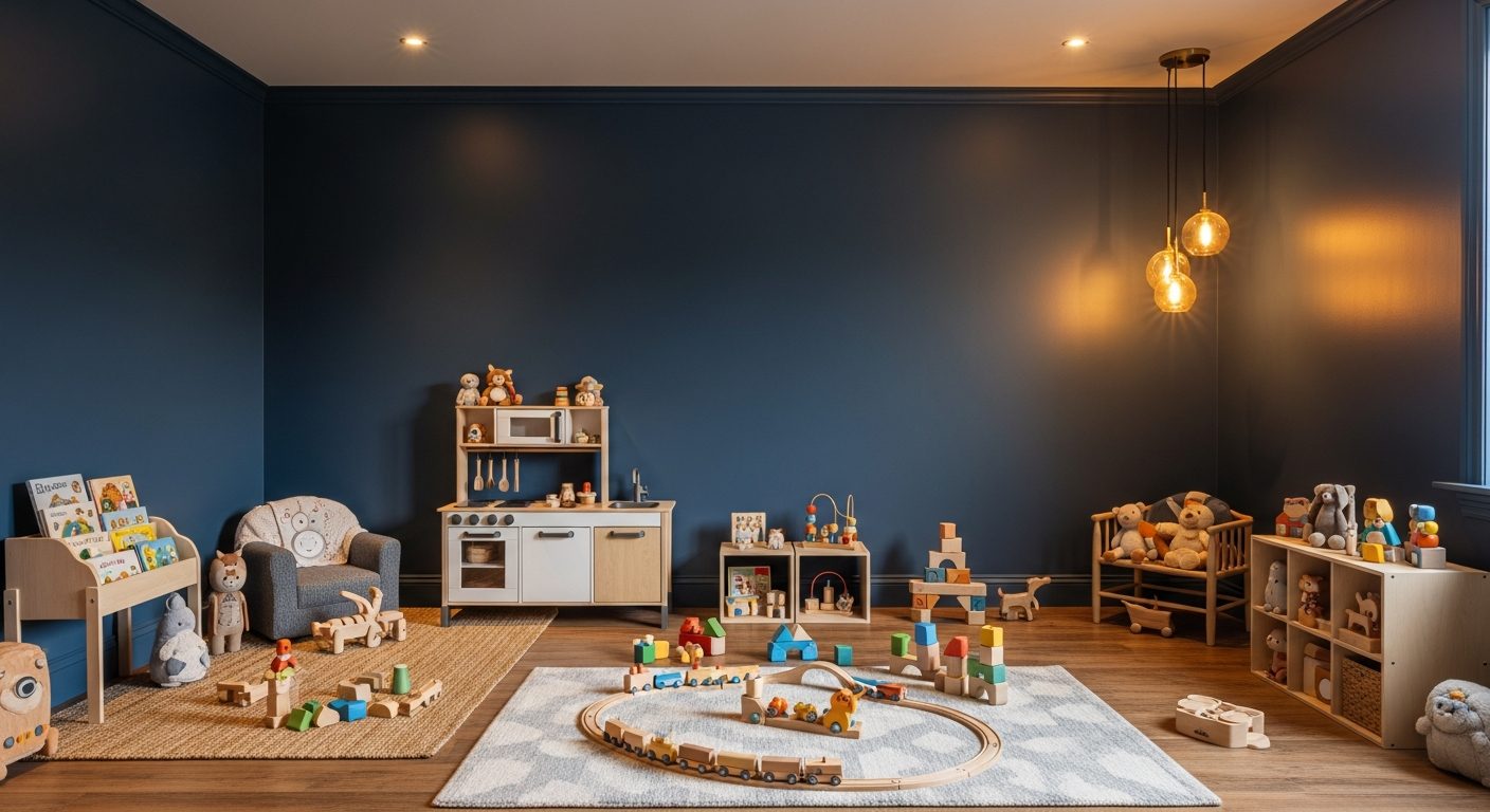 Cuarto de juegos elegante con juguetes de madera premium