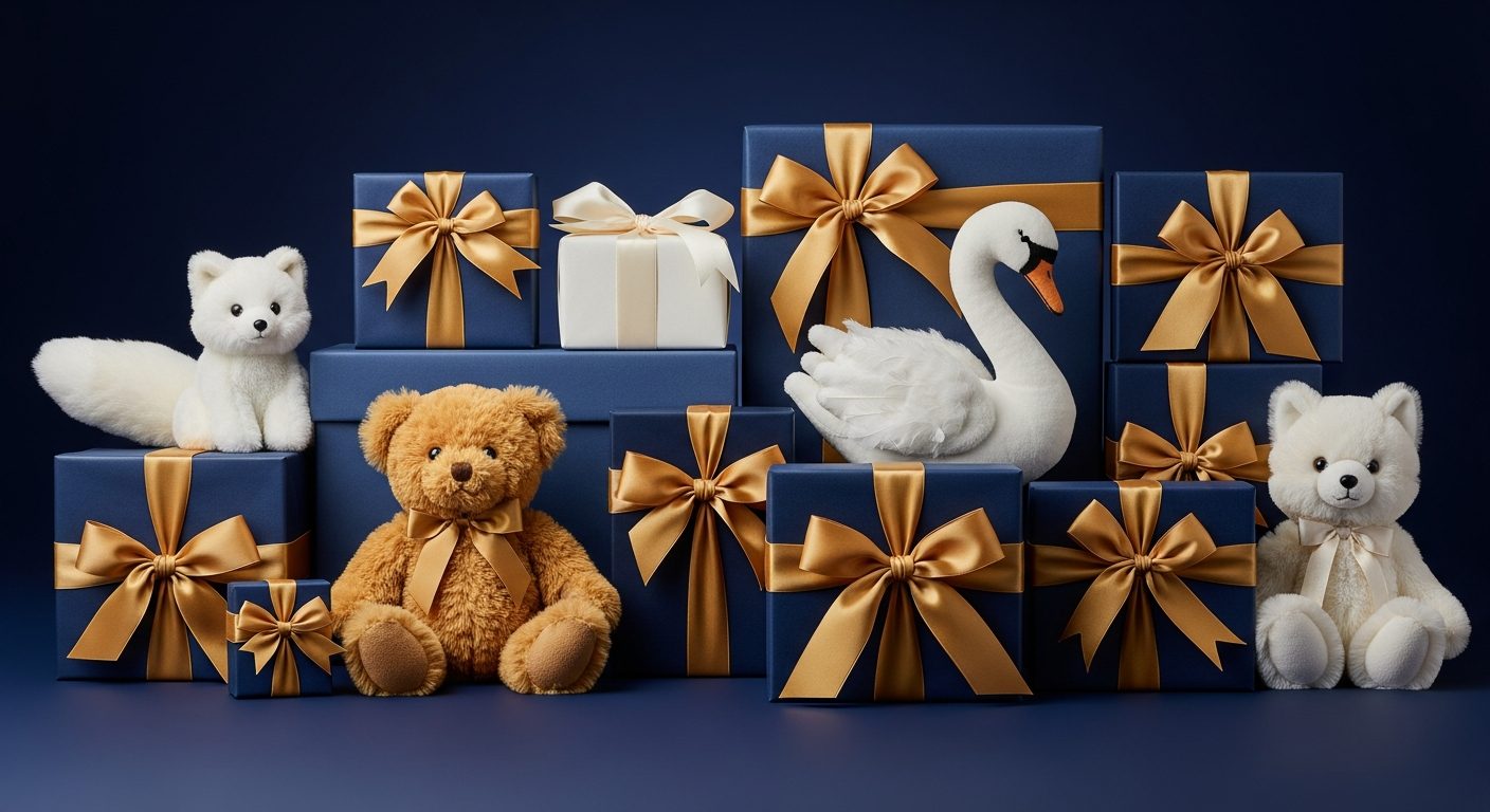 Cajas de regalo con moños dorados y peluches de lujo
